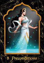 Illustration of a woman in a flowing dress with '8 Preconditions' text on a dark background