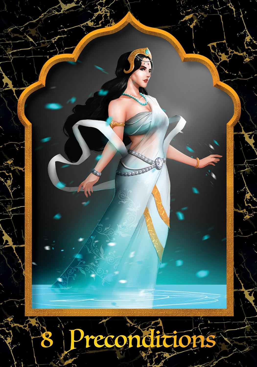Illustration of a woman in a flowing dress with '8 Preconditions' text on a dark background