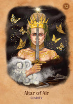 Illustration of a figure with a sword and crown, surrounded by butterflies, on a dark background.