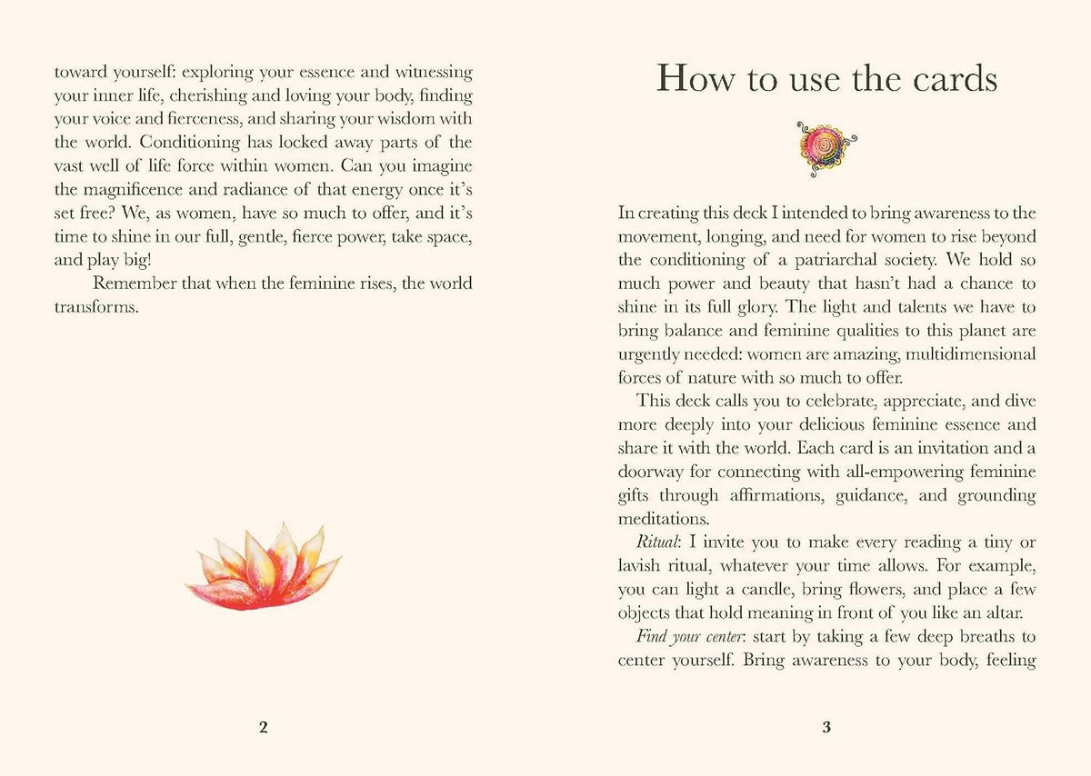 A printed page from a guide or card deck booklet with two columns of black text on a white page, headed 'How to use the cards' and page numbers 2 and 3 at the bottom.