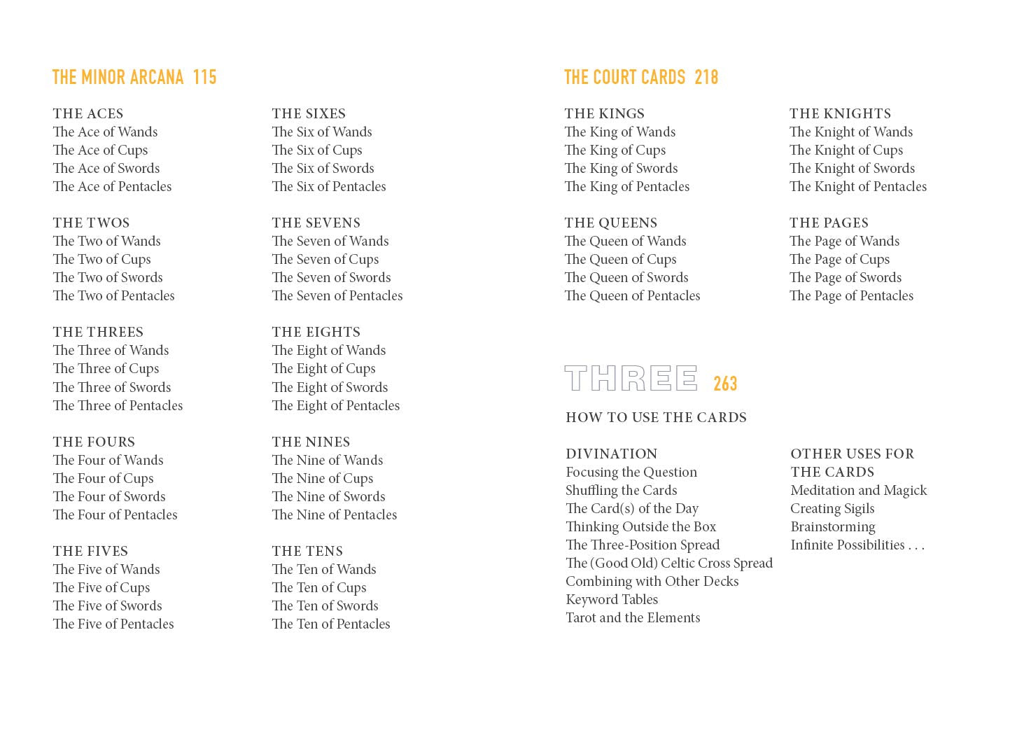 Table of contents for a card game, listing cards and their descriptions.