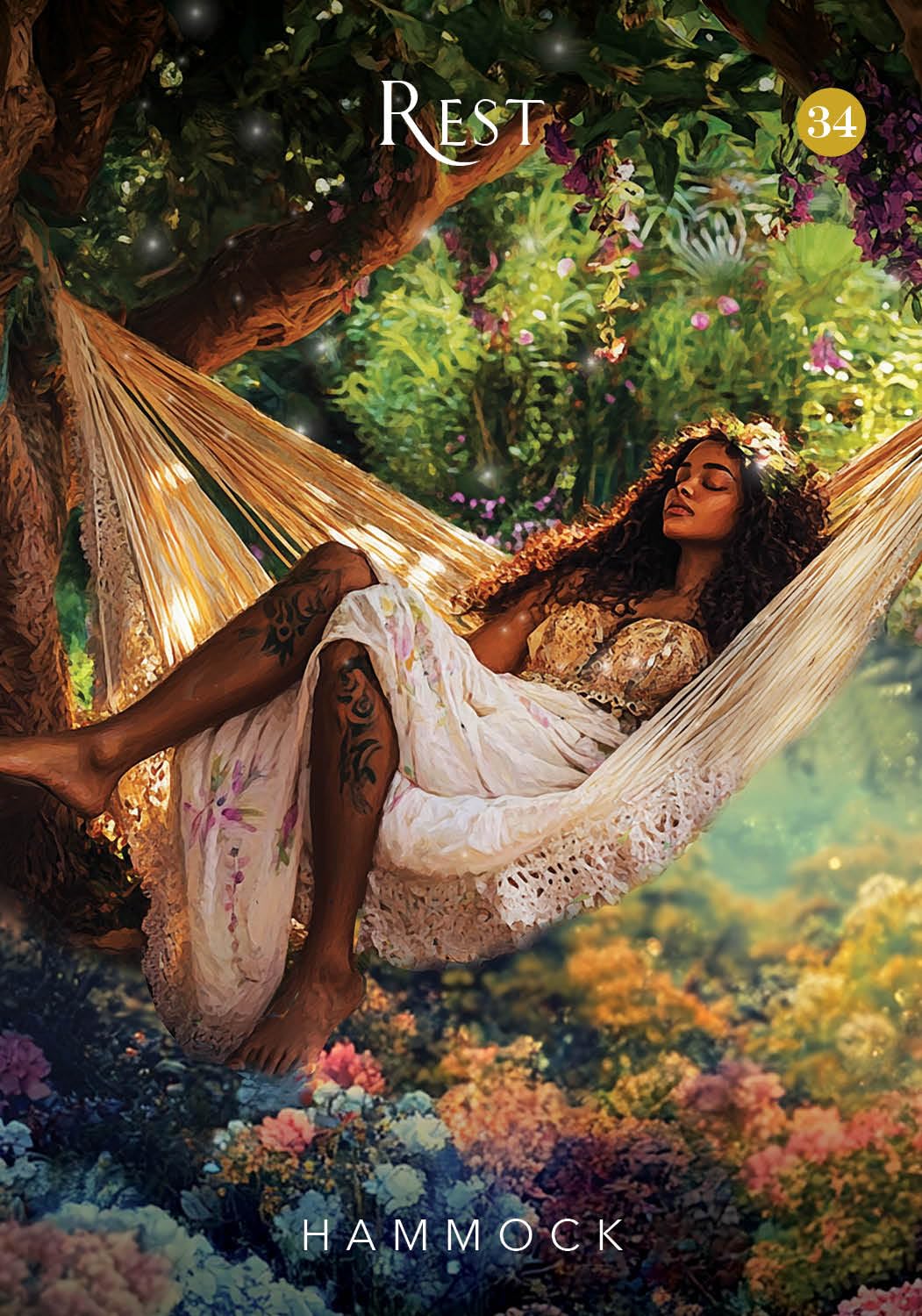 Woman relaxing in a hammock surrounded by nature with 'REST' and 'HAMMOCK' text.