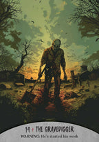 Illustration of a skeleton holding a shovel in a graveyard with a sunset sky.