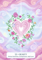 A pastel art print or card design featuring a large layered pink heart at the center, surrounded by pink, purple, and blue flowers with green vines on a swirling lavender and pink background. Text at the bottom reads '35 * BEAUTY' and 'Divine Feminine, Compassion, Self-Love'.