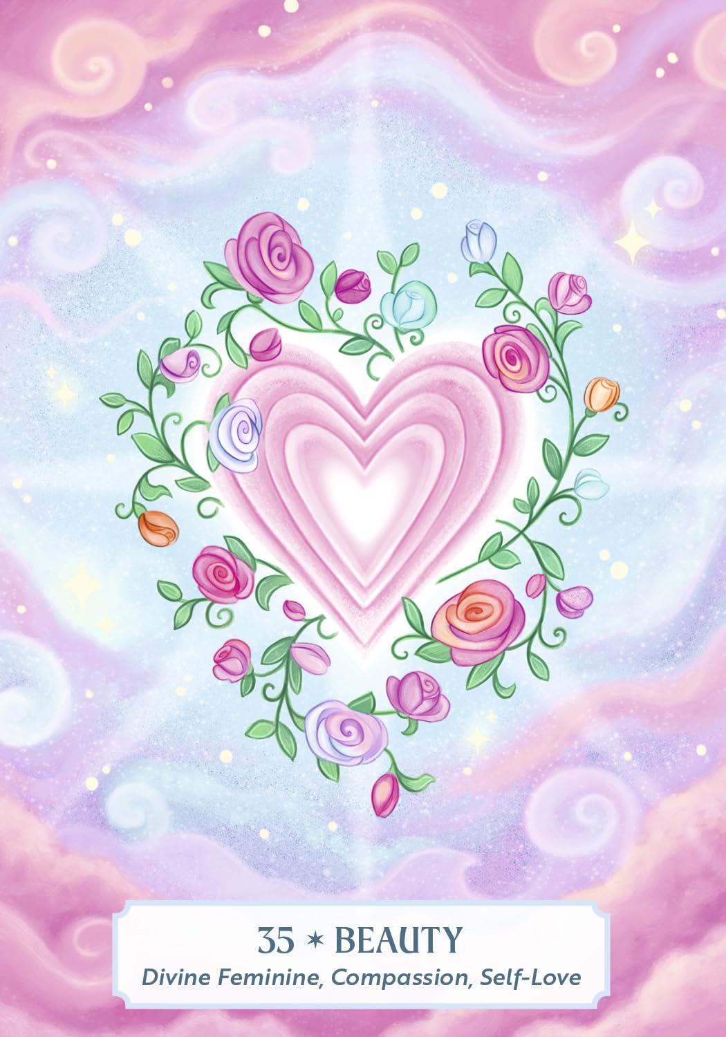 A pastel art print or card design featuring a large layered pink heart at the center, surrounded by pink, purple, and blue flowers with green vines on a swirling lavender and pink background. Text at the bottom reads '35 * BEAUTY' and 'Divine Feminine, Compassion, Self-Love'.