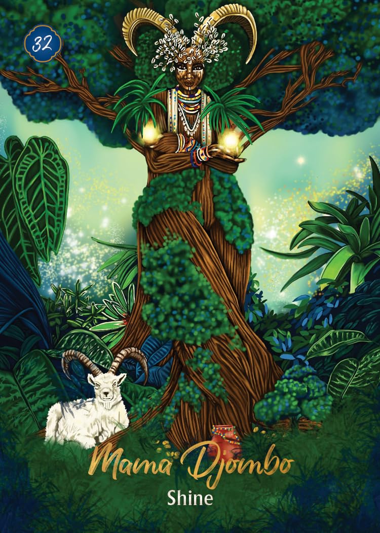 Illustrated cover art for 'Shine' by Mama Djombo, featuring a central figure with large curved horns standing in a lush green forest, holding glowing orbs, with a white goat at the base and the title text at the bottom.