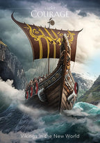 Viking ship in rough waters with mountains in the background, titled 'Eight Courage: Vikings in the New World'.