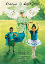 Children in costumes of an angel, superhero, and dancer standing in a park.