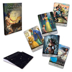 Oracle of the Mythic Heroes tarot deck shown with the book cover, a black starry card-back deck box, and several illustrated cards on a clean white background.