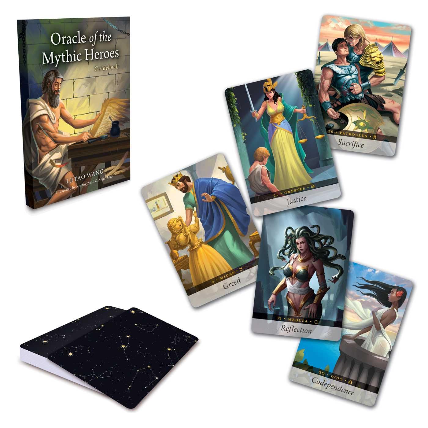 Oracle of the Mythic Heroes tarot deck shown with the book cover, a black starry card-back deck box, and several illustrated cards on a clean white background.