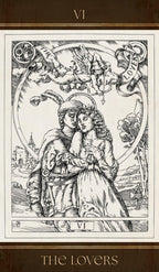 Black and white illustration of 'The Lovers' tarot card with decorative border