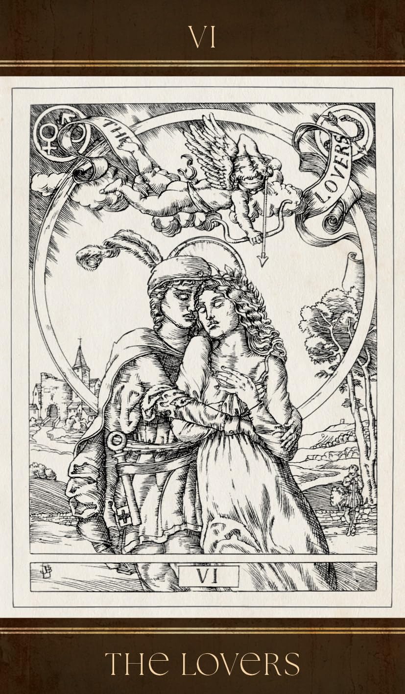 Black and white illustration of 'The Lovers' tarot card with decorative border