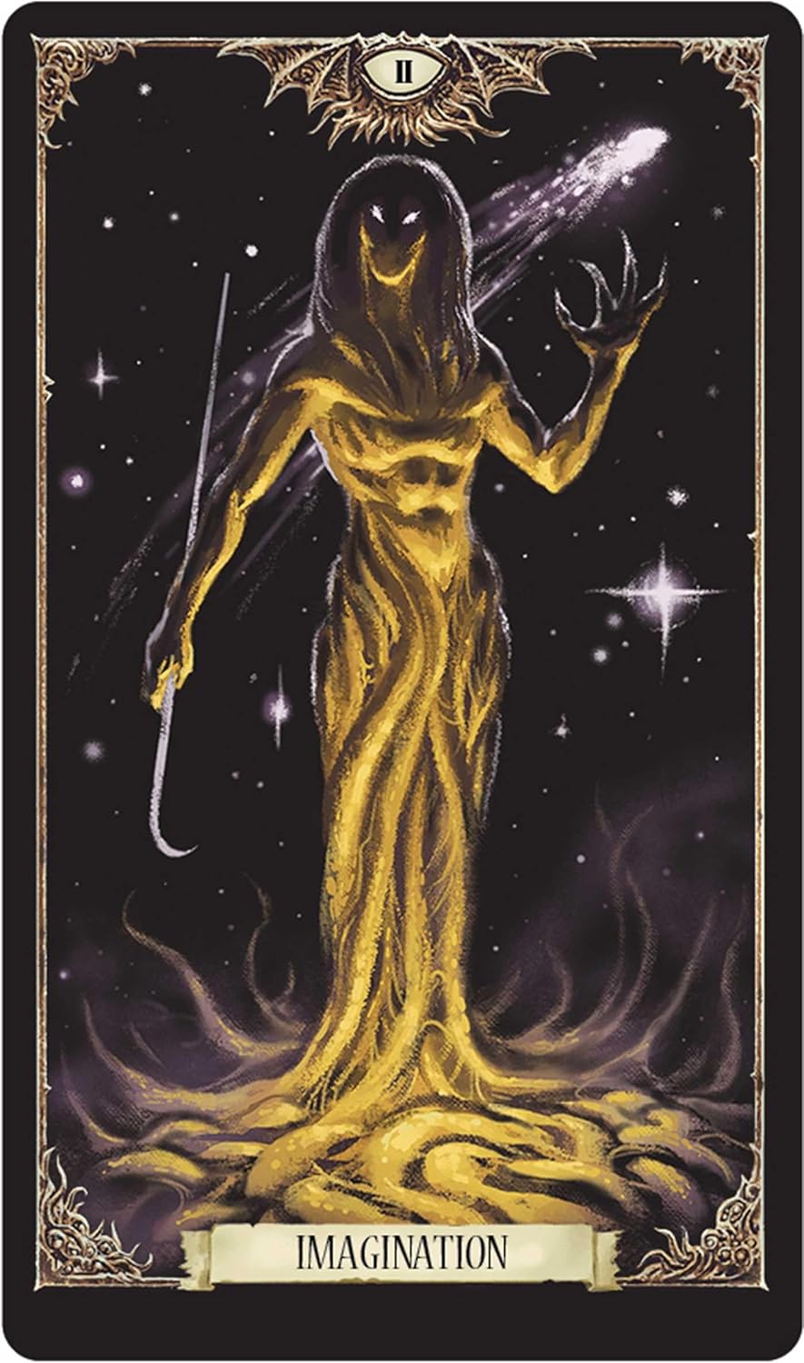 Tarot card featuring a hooded figure with the word 'Imagination' at the bottom.
