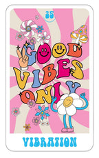 Colorful poster with 'Good Vibes Only' text and various graphics on a pink and beige background.