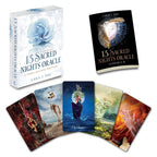 The 13 Sacred Nights Oracle card deck and guide book set by Lara J. Day, featuring the illustrated box, guide book, and five fanned-out oracle cards with mystical artwork on a white background.