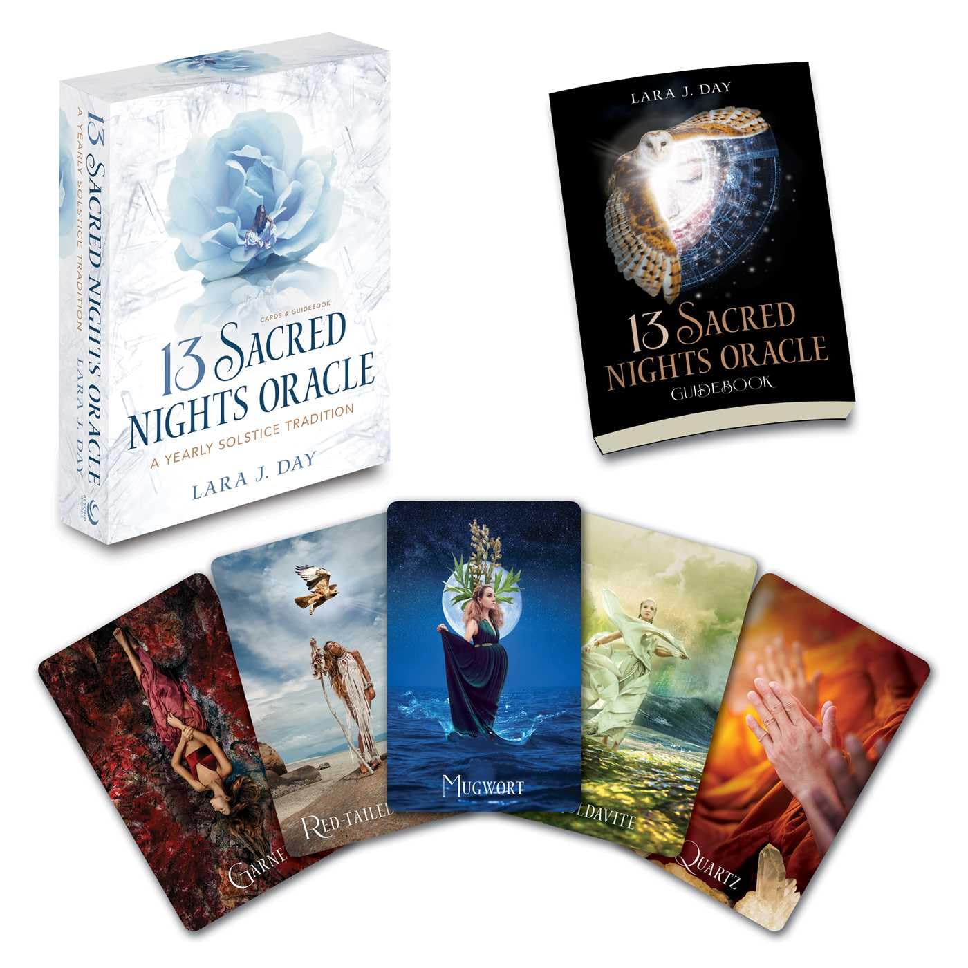 The 13 Sacred Nights Oracle card deck and guide book set by Lara J. Day, featuring the illustrated box, guide book, and five fanned-out oracle cards with mystical artwork on a white background.