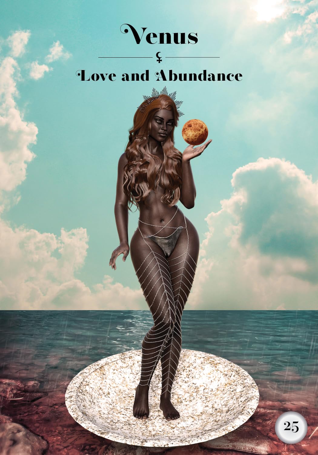 Artistic depiction of a figure holding a coconut with 'Venus & Love and Abundance' text against a sky and water background.