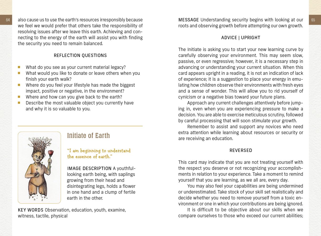 Card from a tarot or oracle deck with text, reflection questions, and an illustration of a youthful earth figure.