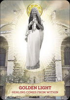 Person in a white robe with a yellow halo in front of a cathedral, with text 'Golden Light: Healing Comes from Within'.