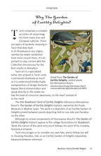 Page from a book or magazine about Tarot art, featuring Hieronymus Bosch's 'Garden of Earthly Delights' triptych.