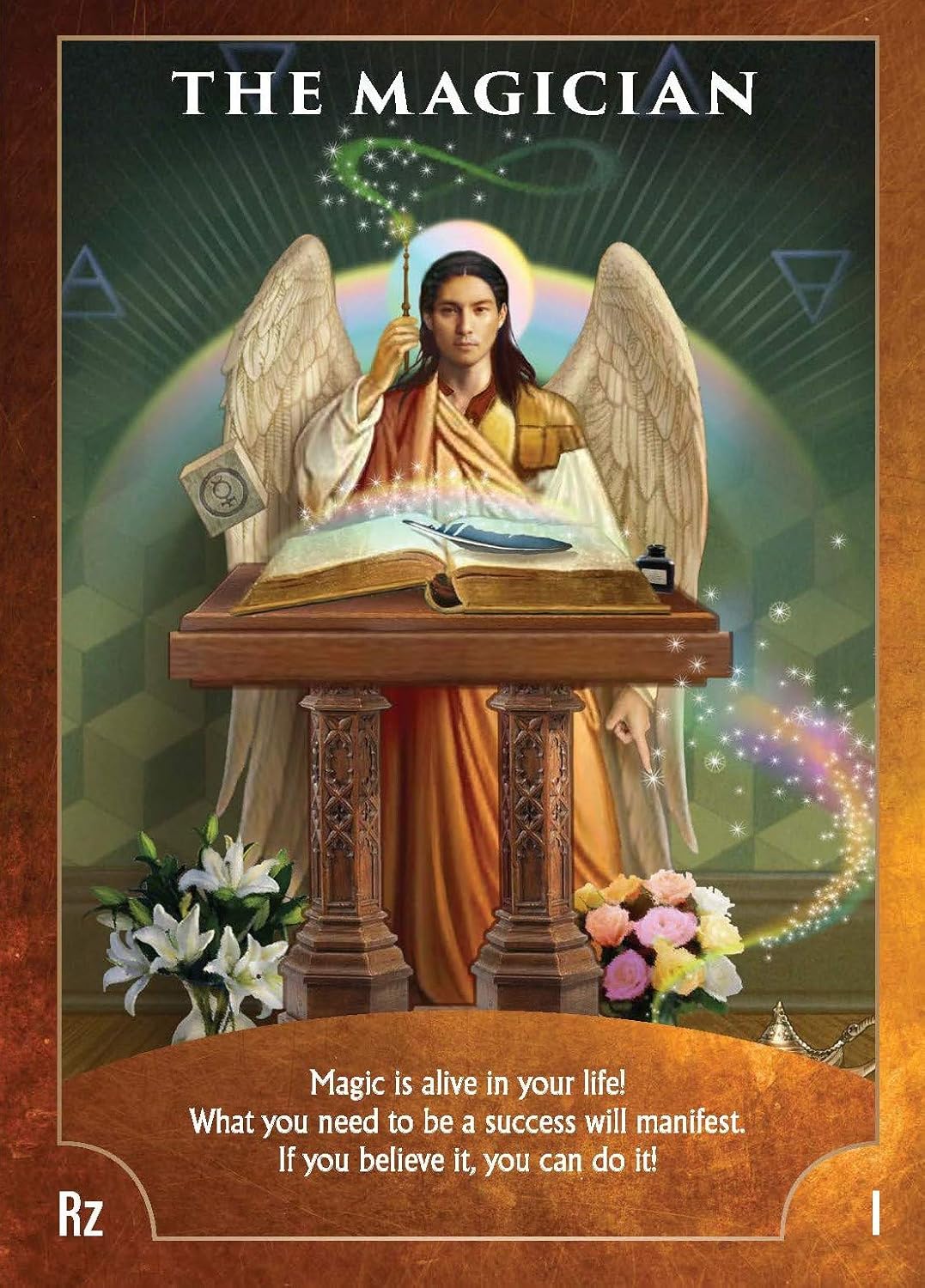 Tarot card titled 'The Magician' with an angelic figure, books, and flowers on a wooden table.