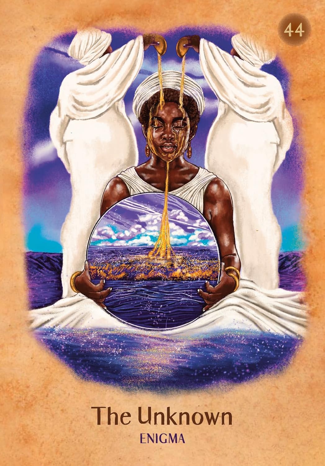 Card titled 'The Unknown' from a tarot deck with a central figure holding a spherical world, flanked by two white figures against a purple background.