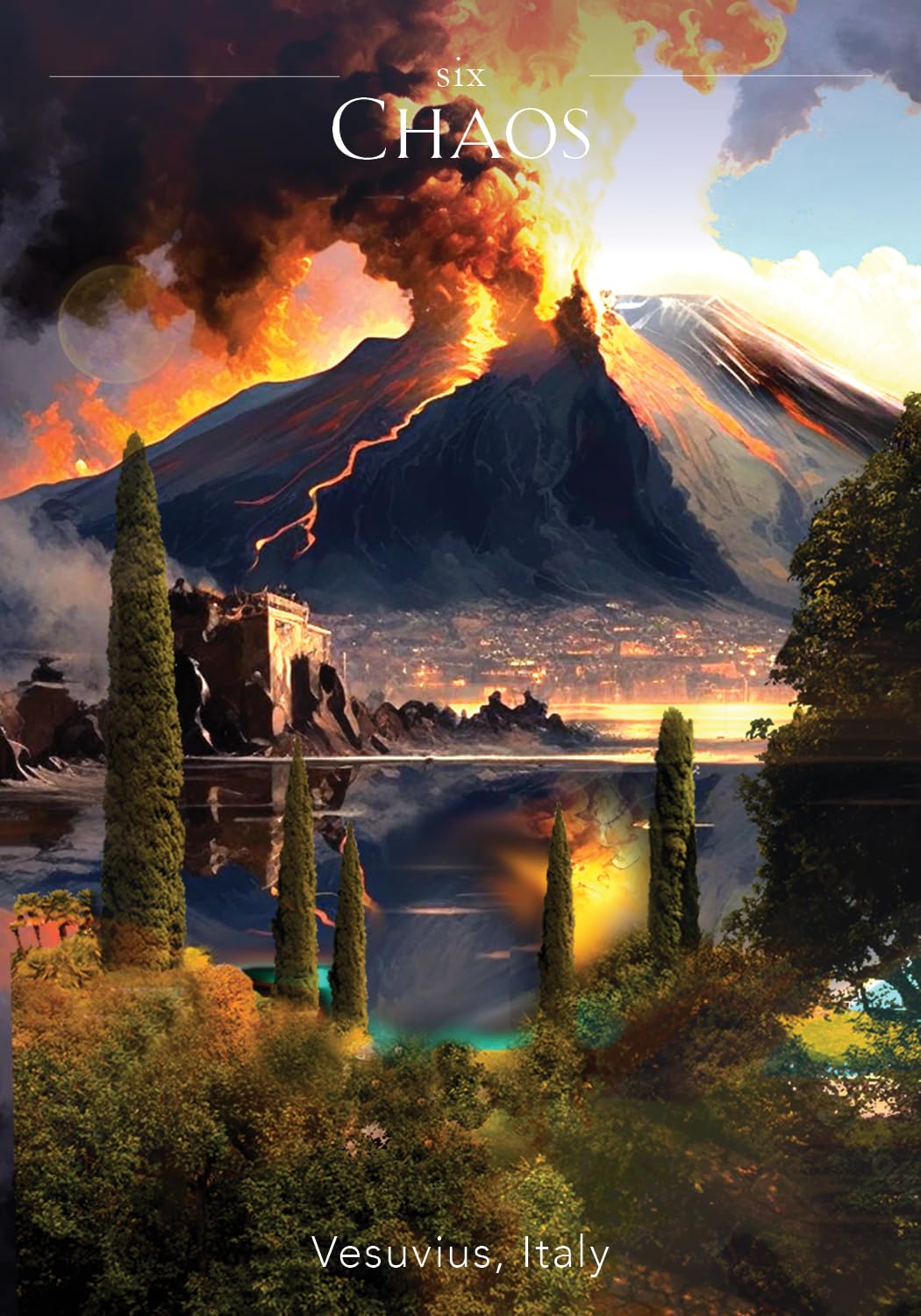 Vesuvius erupting with a serene lake and trees in the foreground, labeled 'Six Chaos'.