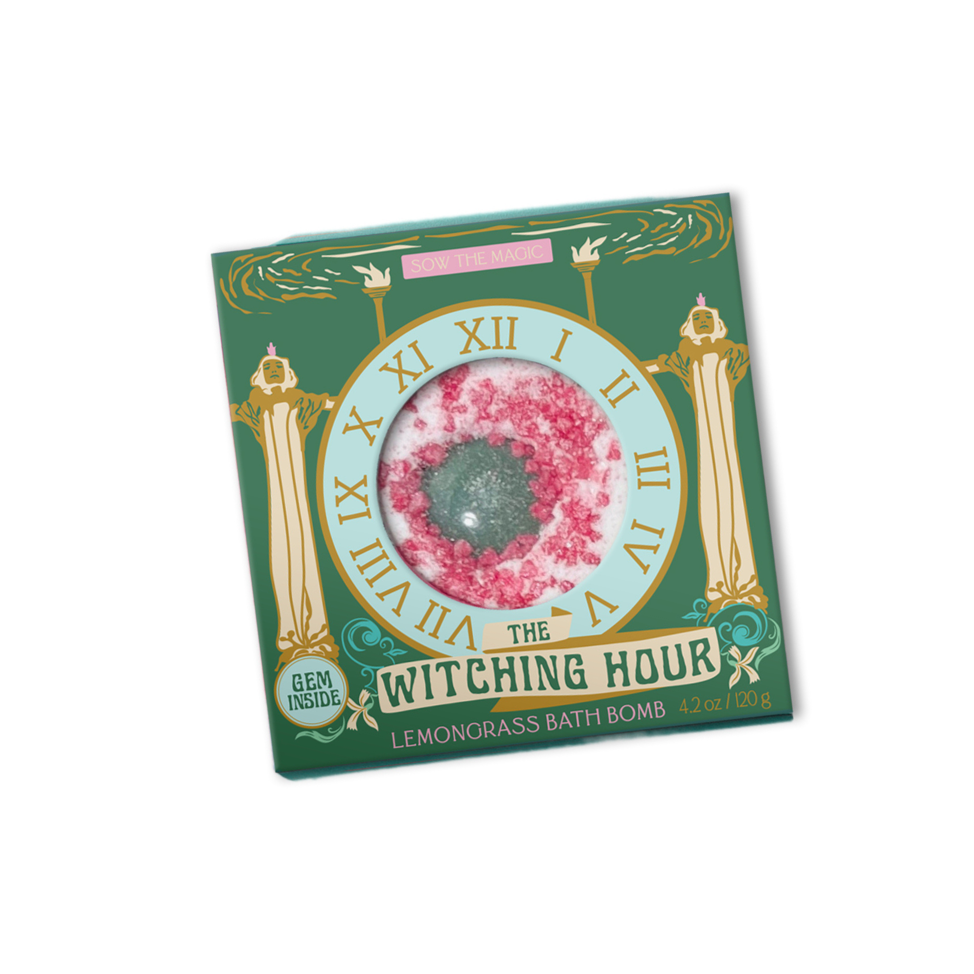 Bath bomb packaging with decorative design and text on a white background