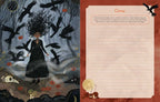 A split-page worksheet or art print featuring a dark fantasy illustration on the left with a woman in a black dress surrounded by crows, and a lined writing area with prompts on the right under the title 'Crow'.