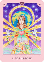 Colorful tarot card with a central figure, doves, and stars on a pink border.
