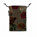 Floral drawstring pouch with a cross design on a white background