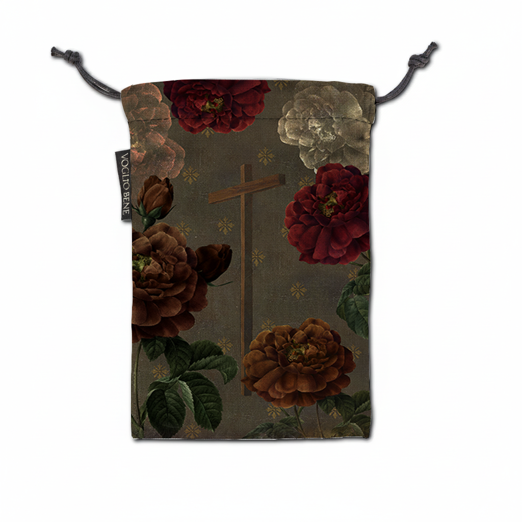 Floral drawstring pouch with a cross design on a white background