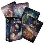 Oracle cards from 'Oracle of the Universe' by Stacey Demarco with starry night designs and celestial figures.