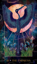 Tarot card featuring a stylized bird with outstretched wings against a colorful background.