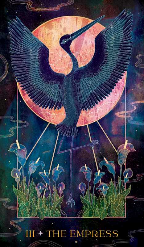 Tarot card featuring a stylized bird with outstretched wings against a colorful background.