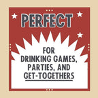 Text on a red background with stars, promoting drinking games and parties.
