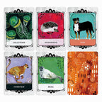 Set of six animal-themed cards with illustrations and text on a white background