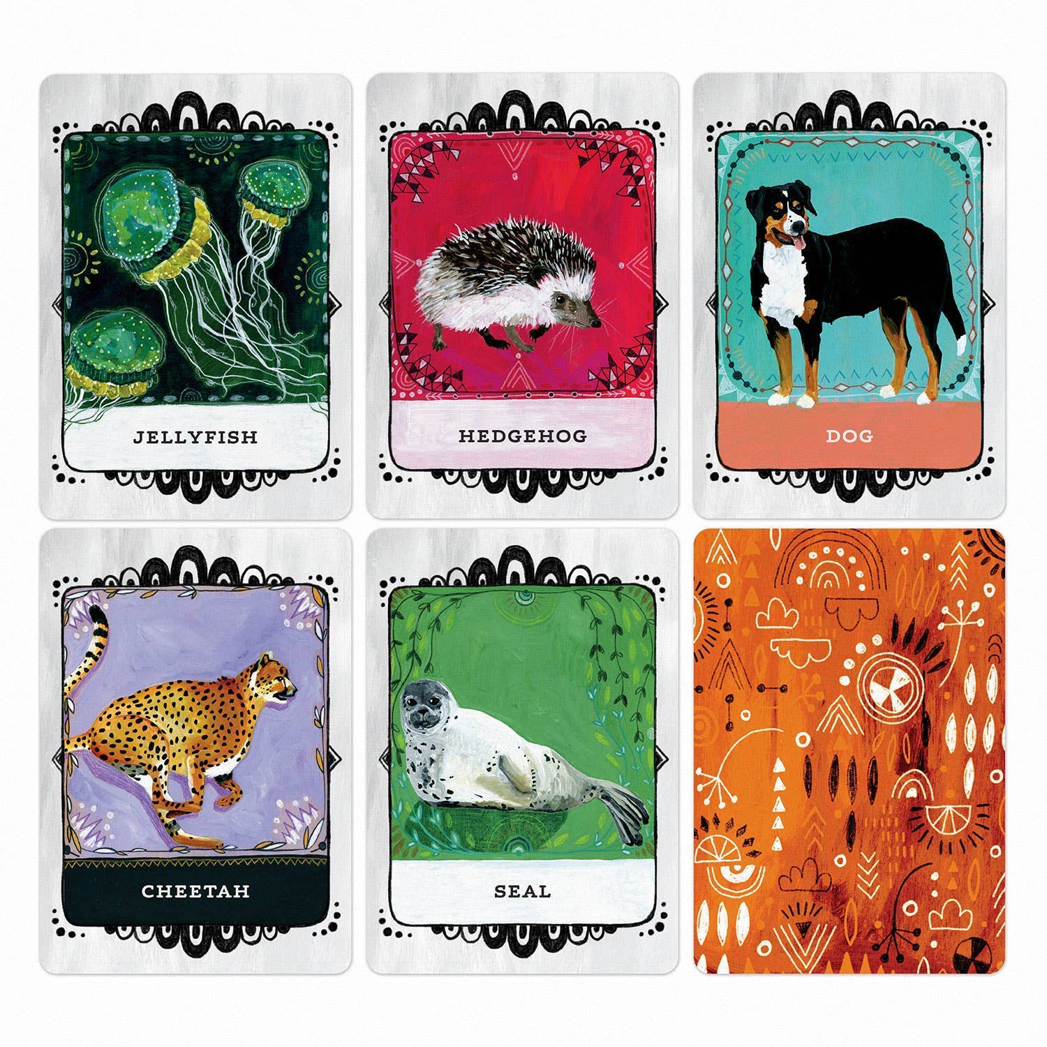 Set of six animal-themed cards with illustrations and text on a white background