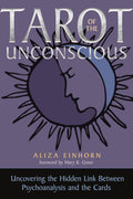 Book cover of 'Tarot of the Unconscious' with a stylized moon and sun design on a purple background.