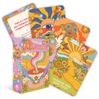 Colorful card set with various designs and text on a white background
