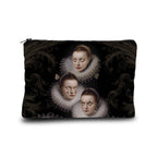 A rectangular zippered pouch featuring a gothic art print of three historical women with ruff collars on a black background with ornate dark patterns, shown on a white studio background.