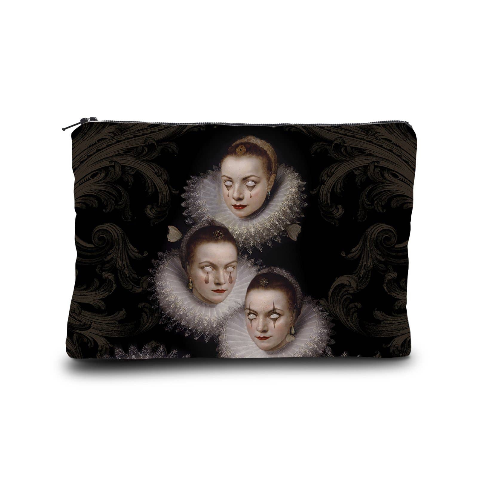 A rectangular zippered pouch featuring a gothic art print of three historical women with ruff collars on a black background with ornate dark patterns, shown on a white studio background.