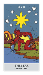 Tarot card titled 'The Star' with a red figure and yellow star against a blue sky.