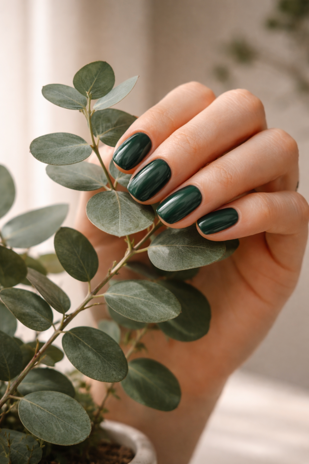 Hand with dark green nail polish holding a leafy branch