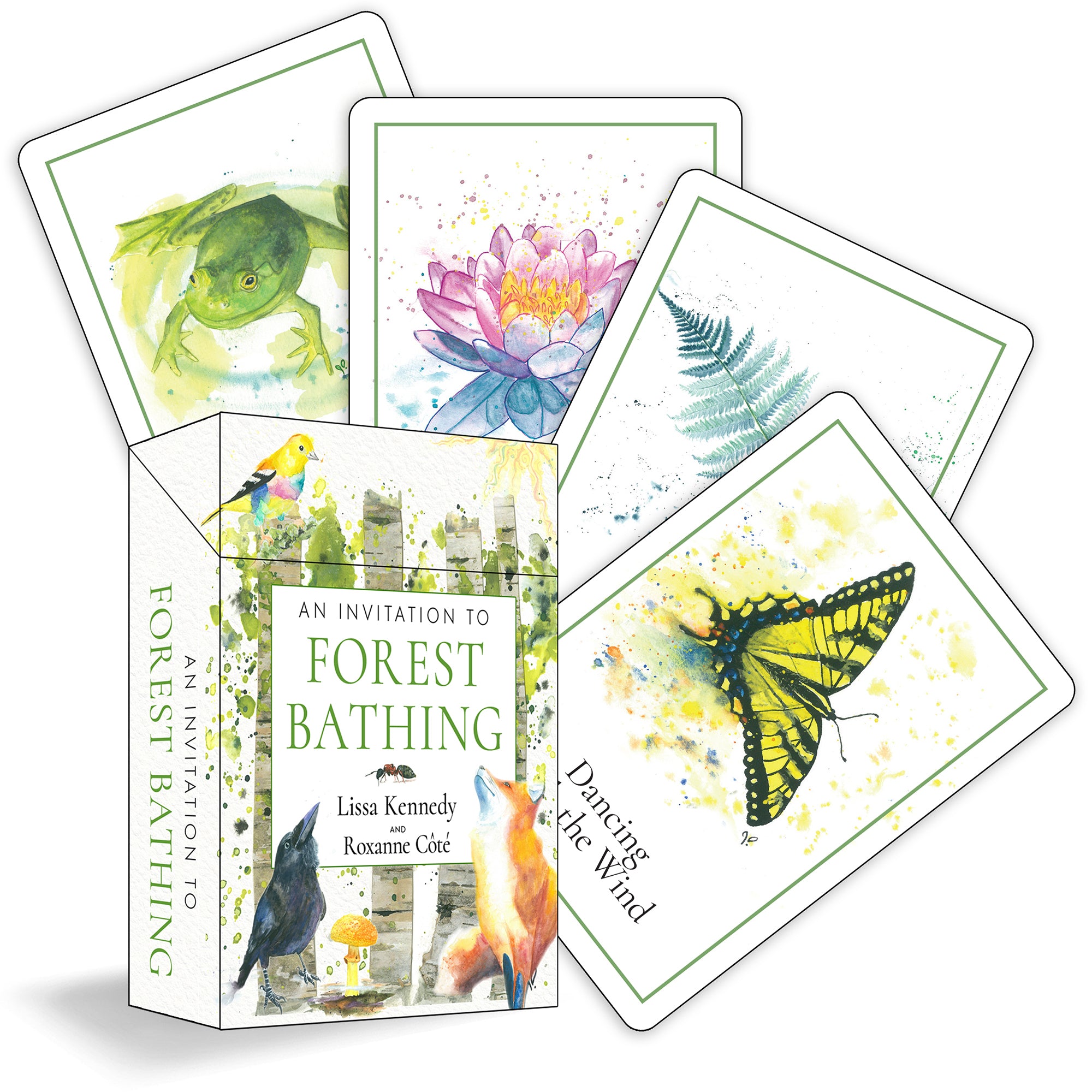 Set of nature-themed cards with a book titled 'An Invitation to Forest Bathing' on a white background.