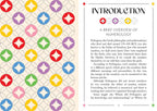 Book page with colorful geometric pattern on the left and text on the right about numerology.
