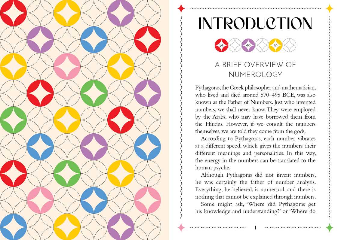 Book page with colorful geometric pattern on the left and text on the right about numerology.