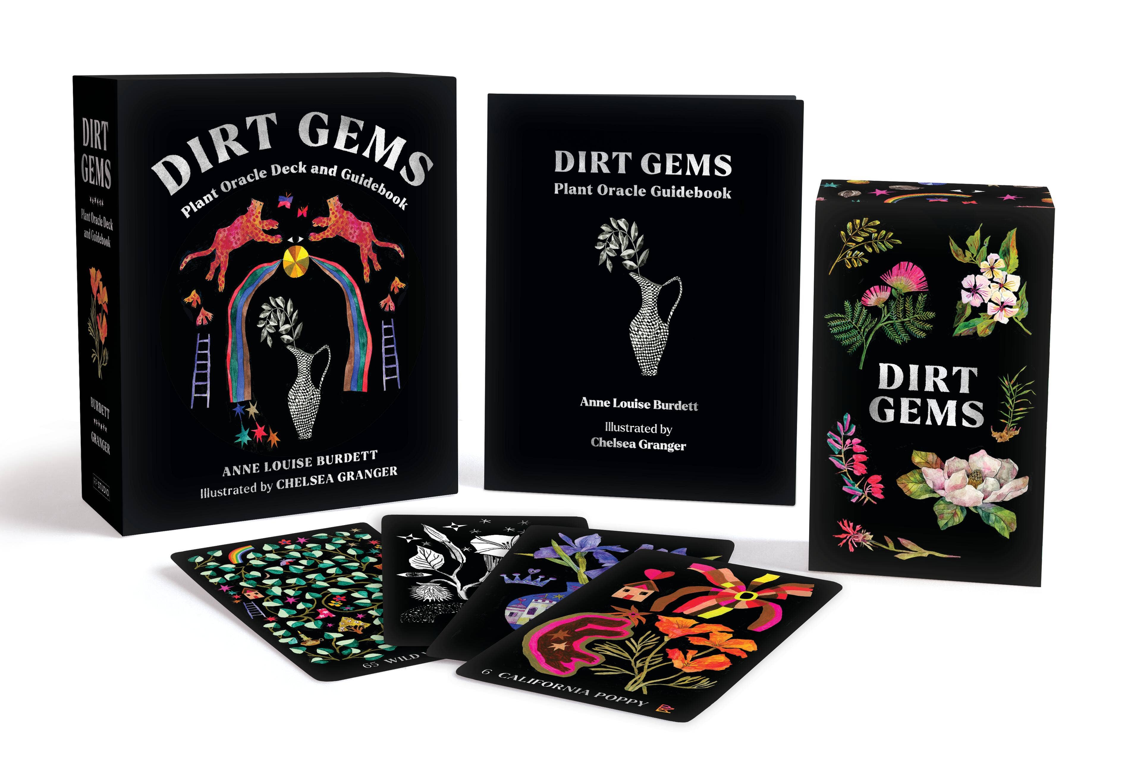 Dirt Gems plant oracle deck with cards and guidebook on a white background