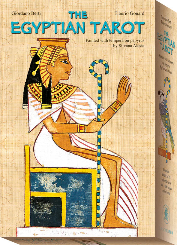 Book cover of 'The Egyptian Tarot' with an illustration of an Egyptian figure on papyrus.