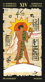 Tarot card titled 'La Temperanza' with Egyptian-themed design and text.